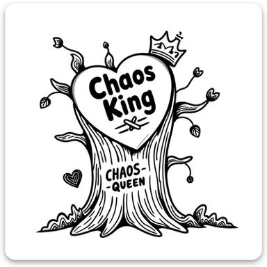 tree stump with a large heart carved into it, the words 'Chaos King' and 'Chaos Queen' inside the heart, surrounded by chaotic swirls and nature elements, hand drawn doodle style sticker