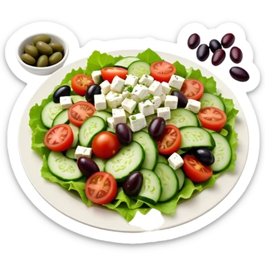 Cinematic Realistic Greek Salad Dish Emoji, depicted with crisp lettuce, tomatoes, cucumbers, olives, and feta cheese rendered with vibrant textures and fresh, natural lighting. sticker