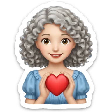 silvery curly/wavy shoulder-length hair smiling lady holding a heart thinner hair sticker