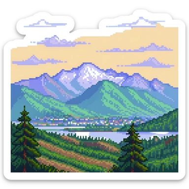 landscape of Nalchik with mountains in the background in pixel art style sticker