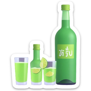apple style 3D emoji of a green soju bottle and a small glass, bright and cheerful sticker