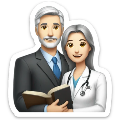 husband classy caucasian partly gray hair trimmed beard wearing business suit holding bible, with wife asian age 55 dark hair nurse uniform, no children sticker