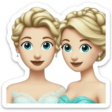Bride with brown hair into a bun, blue eyes and a lace dress. Mother of the bride with blonde curls and a turquoise sequined dress. sticker