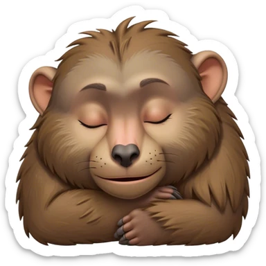 Meme-Worthy Cute Sleeping Baboon Portrait Emoji, Head resting peacefully with a contented smile, showcasing a robust build and a luxuriously soft Fur of earthy browns, eyes shut in a serene, restful nap, Simplified yet hilariously adorable features, highly detailed, glowing with a soft, drowsy light, high shine, relaxed and utterly lovable, stylized with an air of playful laziness, bright and heartwarming, soft glowing outline, capturing the essence of a comically sleepy baboon, so meme-worthy it feels like it could instantly become the next viral sensation of adorable slumber! sticker