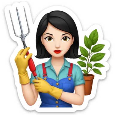 I like it! Can you make her dark haired? Rockabilly vibes are good. I like the third one and last most. Could you leave the screwdrivers? She's more like the organised one. Perhaps give her washing gloves or something. Or gardening gloves. sticker