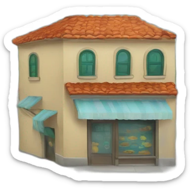 Isla con dos palmeras y un negocio en el centro sticker