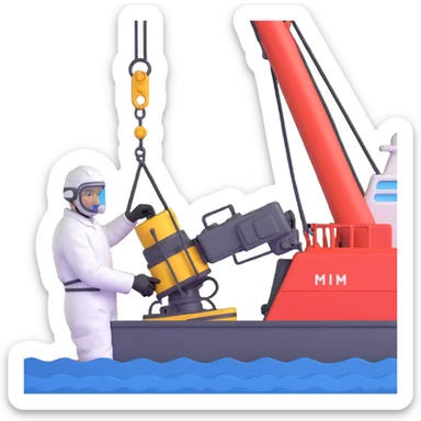 Scientists on Russian research ship using crane to collect ocean floor samples during rough seas sticker