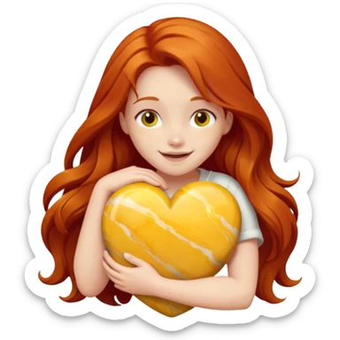Happy long haired redhead hugging big yellow marble sticker
