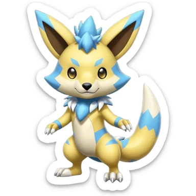 Modern anthropomorphic furry futuristic shiny colorful Zeraora-Minccino-Pichu-Obstagoon-WereGarurumon-fusion (full body) sticker