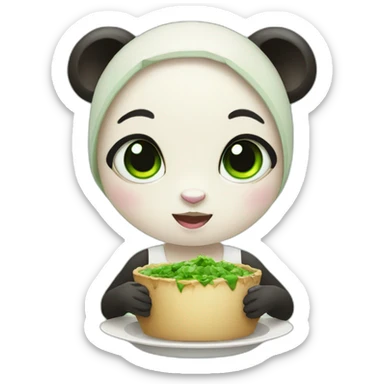 Green-eyed panda girl is eating sticker