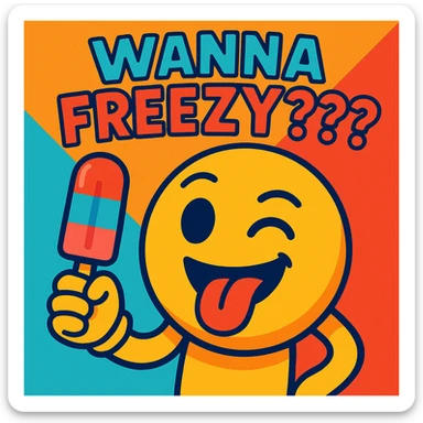 emoji character with a playful expression, holding a popsicle, with the text 'wanna freezy???' in a fun font, vibrant toon style sticker