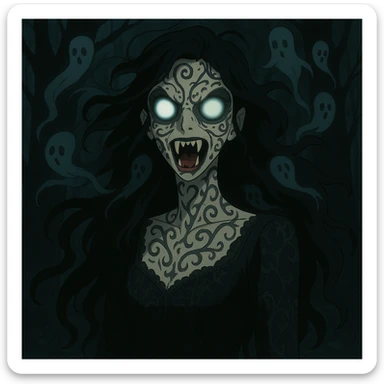 Make the beautiful scary girl much scarier by adding disturbing supernatural features and intensifying the horror while keeping her haunting beauty in a gothic horror style. sticker