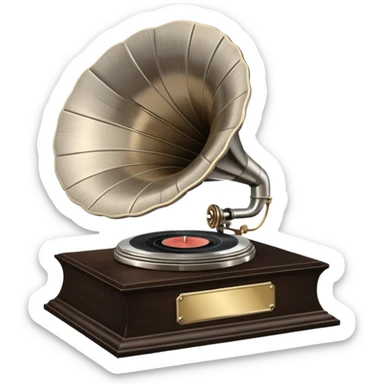 A platinum music award plaque: a square, polished platinum plate with a subtly textured, mirror-like finish, mounted on a simple dark wood base. The center features a relief of a vintage gramophone or stylized vinyl record in a slightly darker metallic tone.  sticker