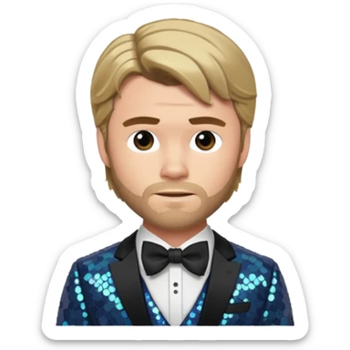 Chris Hemsworth with dark blonde hair, slate sequin suit with bow tie sticker