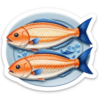 Fish dishes avatar in bright emoji-style illustration. Grilled fish, fillets, and seafood, blue and silver tones, simple shapes, flat design, fresh and flavorful. sticker