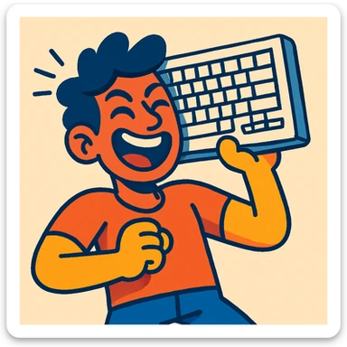 a person holding a keyboard up to their head like a boombox, fun and expressive style sticker