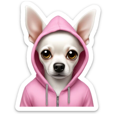 a white Chihuahua with one black ear with a pink hoodie  sticker