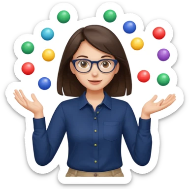 a cute brunette girl in a navy shirt wearing glasses,  juggling multicolored balls with two hands  sticker