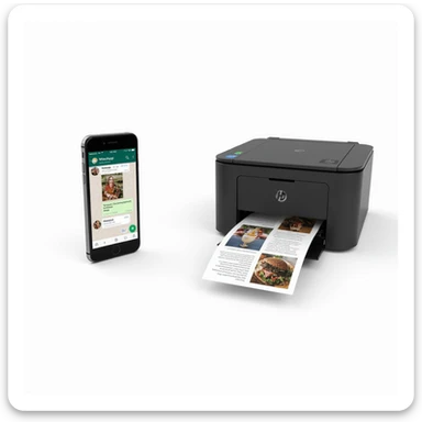 realistic thumbnail for a WhatsApp print out service, smartphone on the left side showing WhatsApp open with a chat containing images, PDFs, and documents being sent, printer on the right side printing out a mix of photos and documents, white background sticker