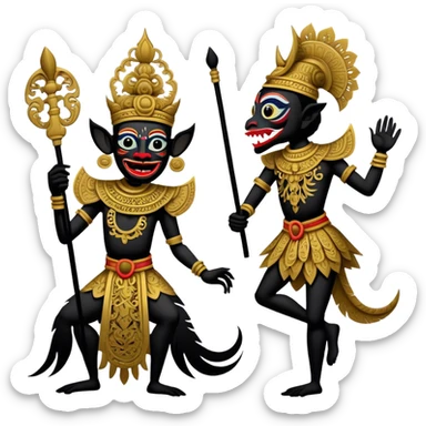 Wayang – Cinematic Realistic Wayang, depicted as intricately carved traditional Indonesian shadow puppets with expressive features and vibrant cultural motifs, set against a dark, dramatic backdrop with subtle glowing highlights that evoke the mystical art of shadow play. sticker