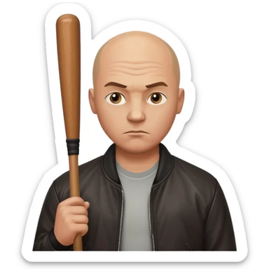 Bald Russian 1990s gangster emoji, leather jacket, , serious face with a bat sticker