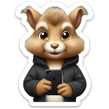 Cute realistic fluffy Squirrel with fluffy ears in black hoodie holding an iPhone  sticker