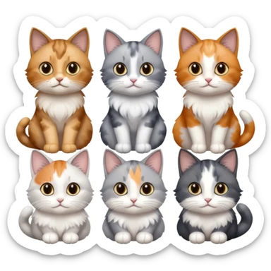 6 realistic looking cats with different natural coloured coats, assorted grey and white, greys, calico, brown and white colours etc
 sticker