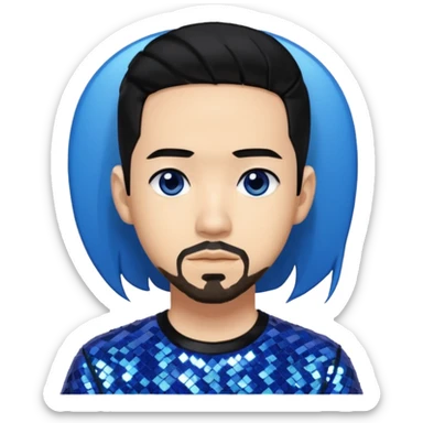 Mike Shinoda with black hair with blue highlight, black sequin shirt, brown eyes sticker