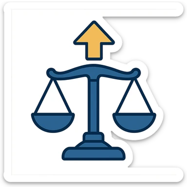 modern minimalist icon for advocacy consulting firm, balanced scales of justice with gold upward arrow, navy blue white gold, conveys trust authority progress sticker