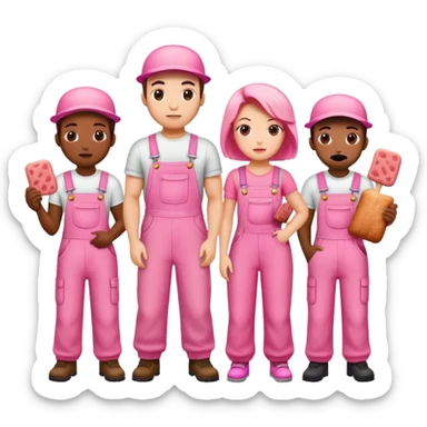 group of artists wearing pink overalls protesting for spam meat art sticker