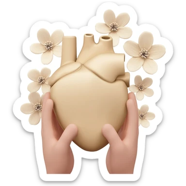 hands holding realistic light beige human heart with beige flowers sticker