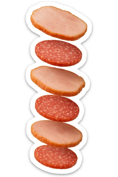 fettine di prosciutto cotto e di salame fluttuano in aria verticalmente, IPERREALISTICA 4K sticker