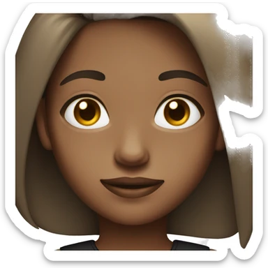 A dark skinned but light girl with straight brown short to shoulders hair with brown eyes and black shirt sticker