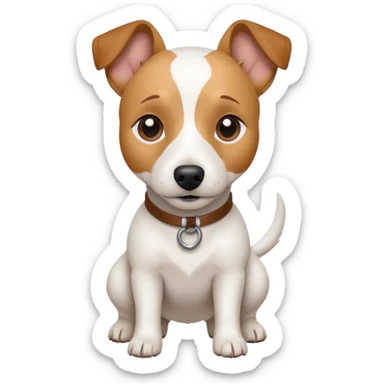 a full body white jack russel looking dog the size of a kelpie with light brown ears and a light brown patch on one eye and a large snout sticker