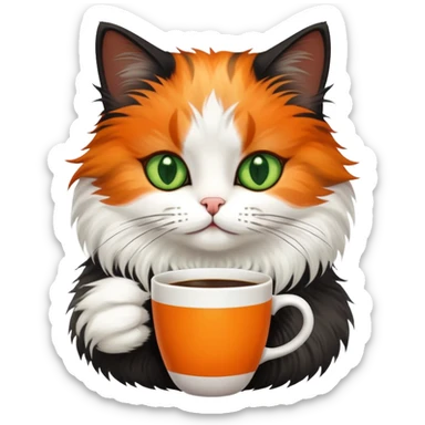 tricolor fluffy cat with big green eyes drinking a cup of coffee sticker