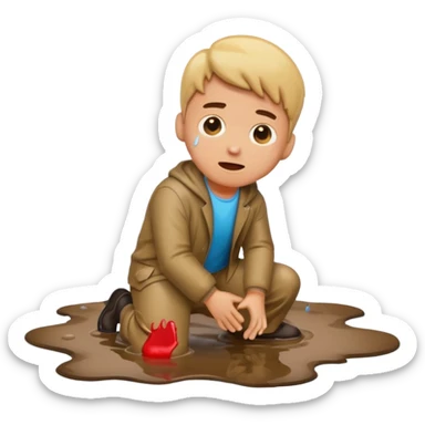 apple style emoji of a man who has fallen into a puddle, kneeling and looking surprised sticker