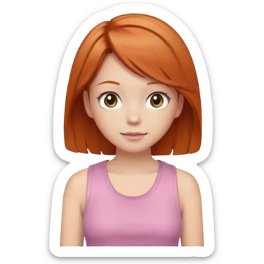 Create emojis of a girl with ginger hair and a hime haircut, gray eyes. She's wearing a pink tank top and a brown sweatshirt. sticker