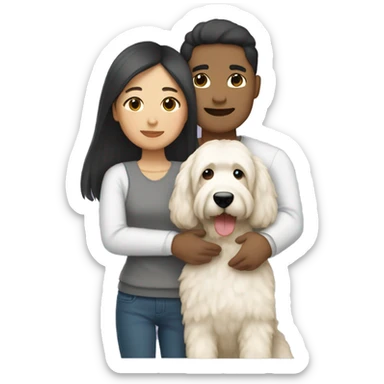 asian couple with straight hair hugging with a big white goldendoodle sticker