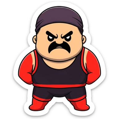 White skin fat guy with prominent black durag, short black beard and mustache, black eyes in a red and black wrestling singlet with angry face sticker