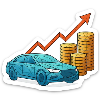 polygonal style car with gold coins and upward trend line, showing financial growth sticker