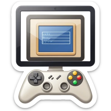 Professional icon for Game Design: a computer screen with a game interface, 3D models, pixel art, wireframe, and design tools like a grid and stylus. Gamepad. The icon should represent the technical and creative aspects of game development. Transparent background. sticker