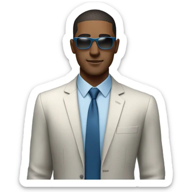 Square face, sharp features, clean-shaven, and a confident, relaxed expression. Wears a blue shirt and tie with sunglasses, standing casually by the water, giving off a stylish and modern vibe. sticker