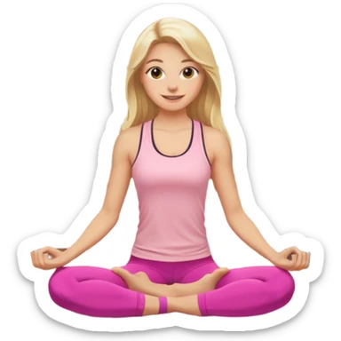 Create a young woman with long blonde hair, golden eyes, and medium-light skin tone, wearing a light pink tank top and leggings. She should be doing home worjout, with a smile sticker