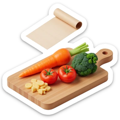 carrot tomato brocoli on the wooden cutting board with floating rolled paper list sticker