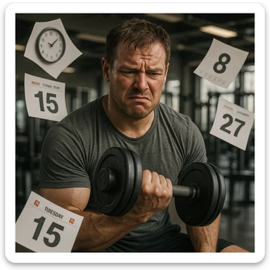hyper realistic man doing many repetitions in gym, looking tired and dissatisfied, symbols of lost time like flying calendar pages, realistic details, gym background sticker