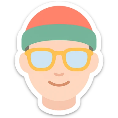 a face wearing a colorful hat and retro glasses, minimal and flat colors, icon style sticker