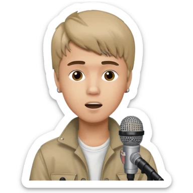 Justin Bieber, around 16, casual clothes, singing into mic sticker