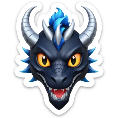 Darkstalker the NightWing dragon from Wings of Fire, black dragon with a sly smile, silver-tipped horns, magical aura sticker
