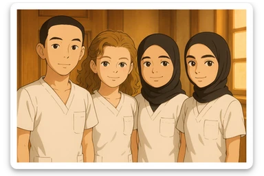 Four nursing students standing side by side in a warm indoor setting, wearing white sleeveless medical tunics with V-neck collars and left chest pockets. No collar stand, no undershirt, bare forearms, and no stethoscopes. Ghibli style, warm ambiance indoors. sticker