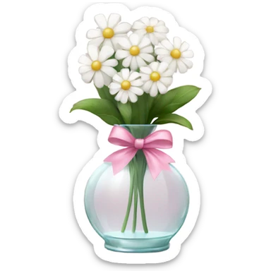 white flowers in glass vase with pink bow tied sticker